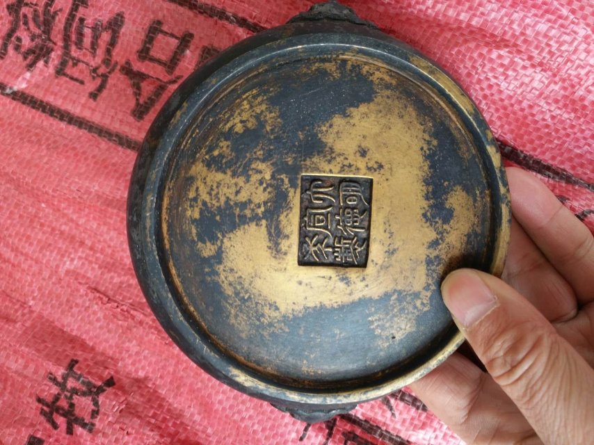 中国 古銅 香炉 古玩 銘有獅子蓋付き香炉 底部に記念款「大明宣徳年製