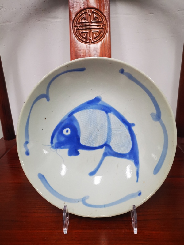 古玩陶瓷晚清民國 青花魚紋盤拍賣,當前價格450元