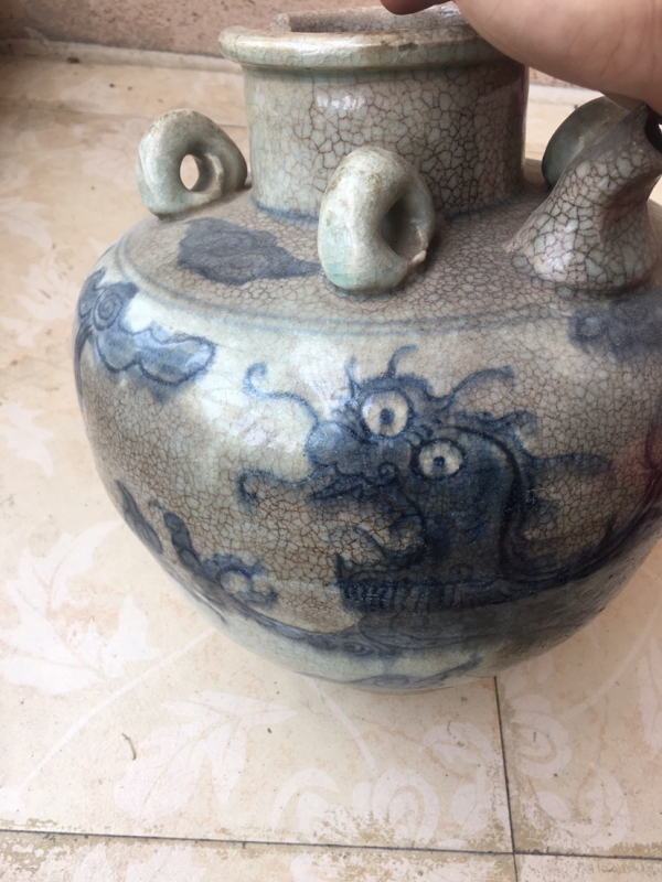 古玩陶瓷清中·哥釉龙纹提梁壶特大号拍卖，当前价格2888元
