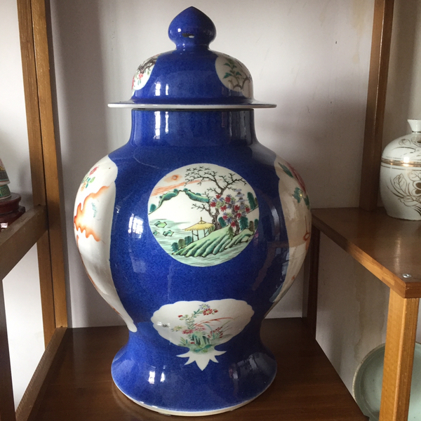 古玩陶瓷清光緒灑藍釉開光粉彩博古清供花鳥紋將軍蓋拍賣,當前價格38000元