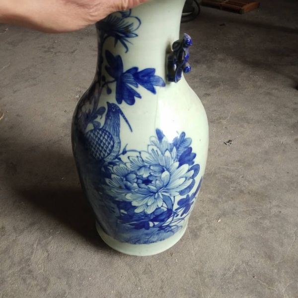 古玩陶瓷清代豆青釉花鳥紋青花大瓶高44cm拍賣，當前價格1398元