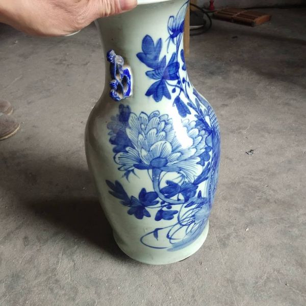 古玩陶瓷清代豆青釉花鳥紋青花大瓶高44cm拍賣,當前價格1150元