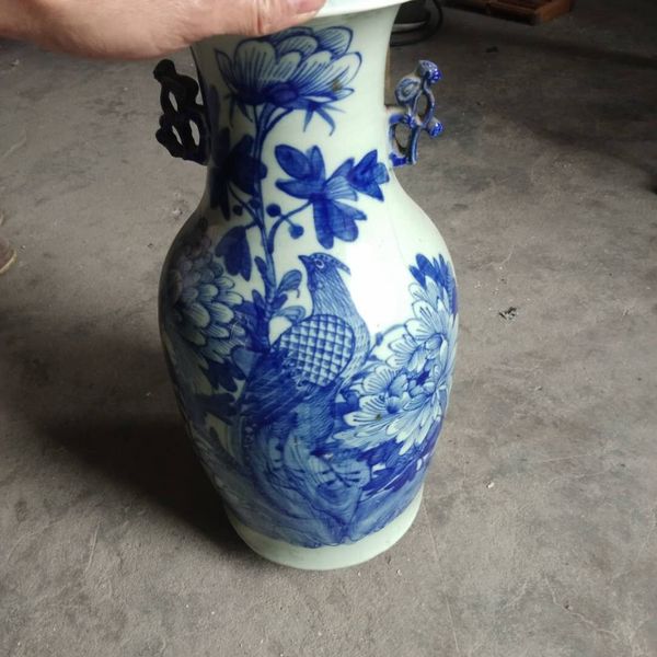 古玩陶瓷清代豆青釉花鳥紋青花大瓶高44cm拍賣,當前價格1150元