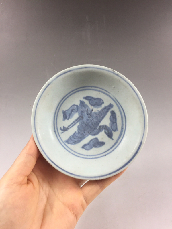 古玩陶瓷明代青花鶴紋盤拍賣,當前價格58元