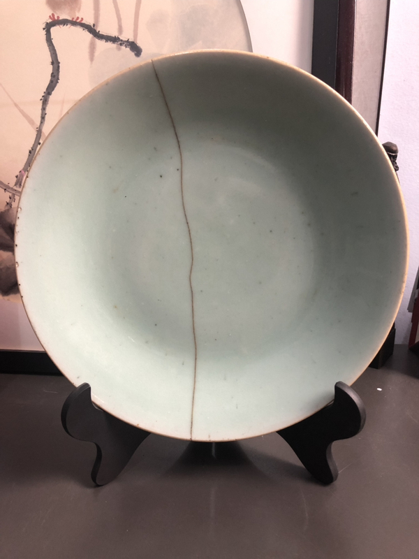 古玩陶瓷清代大號豆青釉盤拍賣,當前價格168元