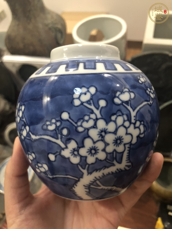 古玩陶瓷青花留白梅紋蓋罐真品鑒賞圖