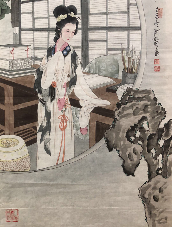 古玩字畫名家周仁輝收藏級精品工筆美人圖拍賣,當(dāng)前價格888元