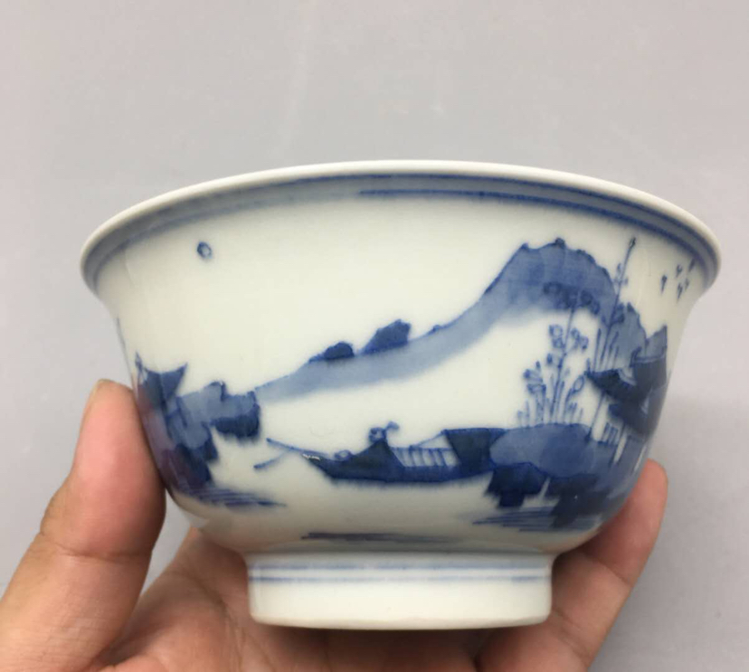 青花山水人物紋瓶 中国古玩 中国美術