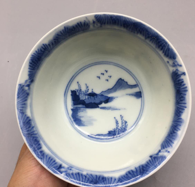 中国美術 青花 山水人物画 瓢瓶 高34cm(RC971)