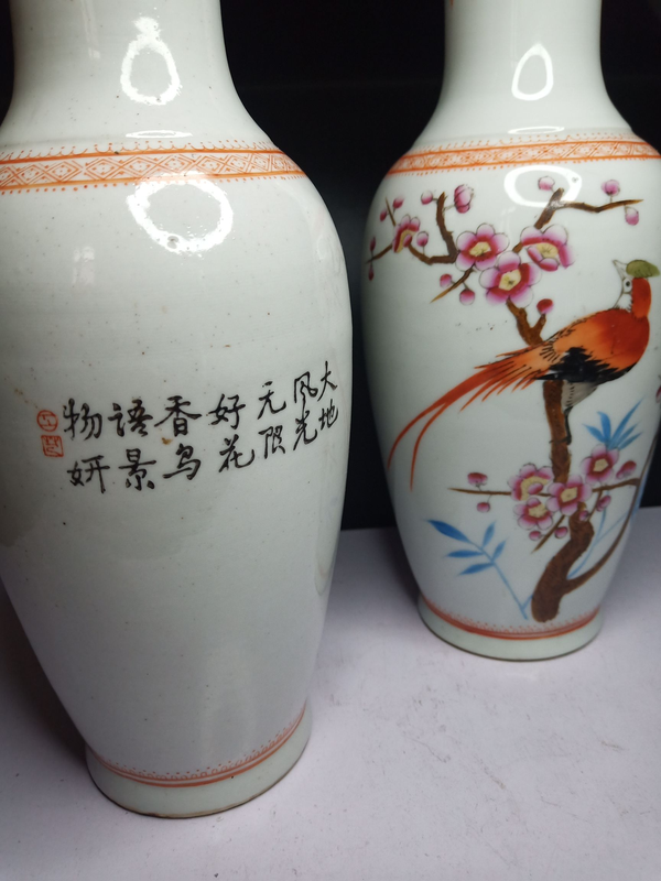 古玩陶瓷粉彩綬帶鳥花鳥花卉紋瓶一對拍賣，當(dāng)前價(jià)格688元