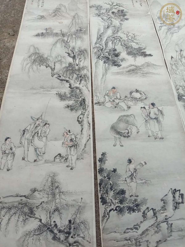 古玩字畫王鳴山水人物四條屏真品鑒賞圖