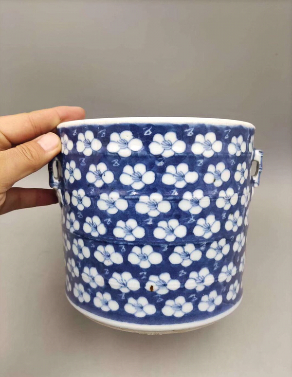 古玩陶瓷(精美細路)青花留白冰梅紋蓋缸拍賣,當前價格6888元