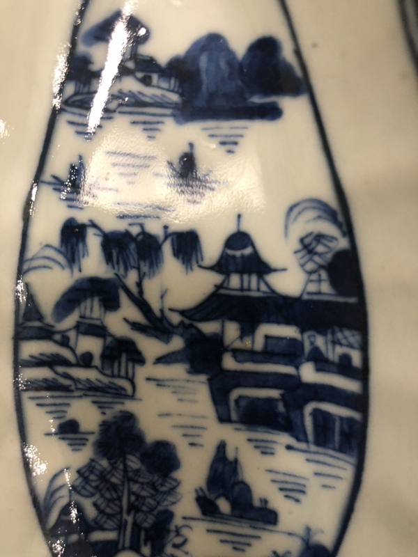 古玩陶瓷清中樓臺亭閣山水紋青花調料盤拍賣，當前價格700元