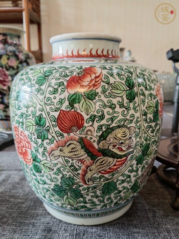 古玩瓷器五彩狮子穿花纹罐真品鉴赏图