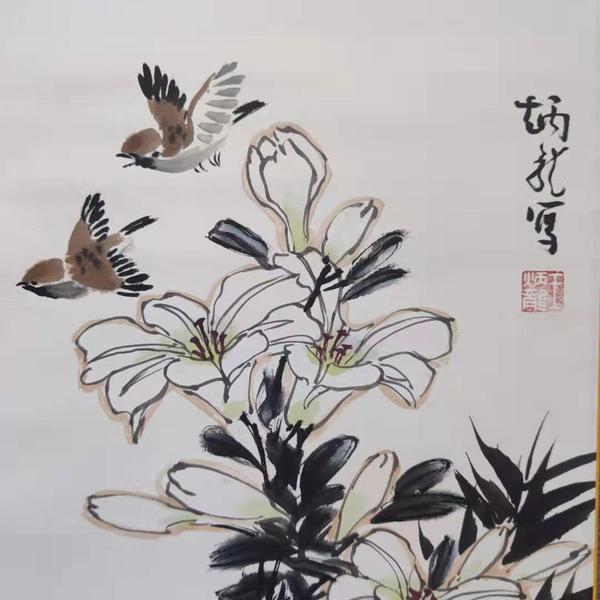 古玩字畫(huà)李苦禪入室弟子已故花鳥(niǎo)大師王炳龍花鳥(niǎo)立軸拍賣(mài)，當(dāng)前價(jià)格3600元