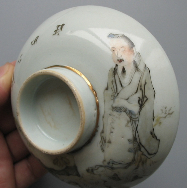 古玩陶瓷【馬慶云高徒松云】攜琴人物紋淺絳彩蓋碗拍賣,當(dāng)前價格4800元