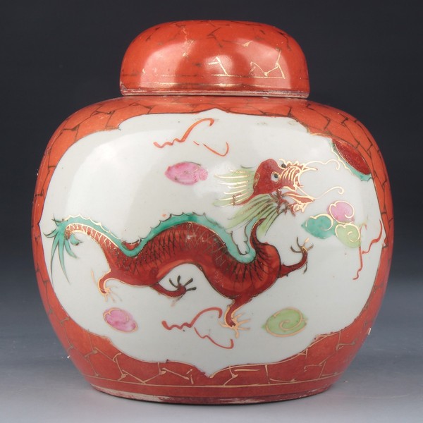 古玩陶瓷【2879】創匯期 粉彩**紅地開光龍鳳紋蓋罐拍賣,當前價格1500元