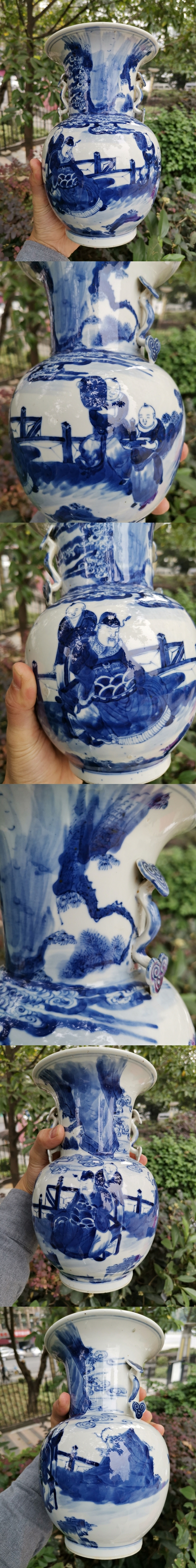 古玩陶瓷【3317-8】清晚期青花人物故事紋如意耳撇口尊一對拍賣,當前價格35800元