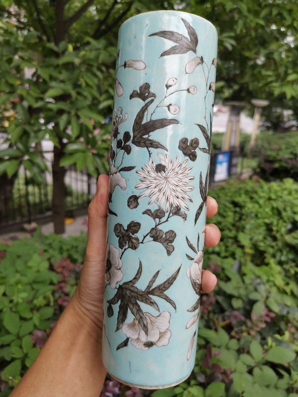 古玩陶瓷【*2646】清晚期 松石綠地墨彩花卉紋花插拍賣,當前價格4800元