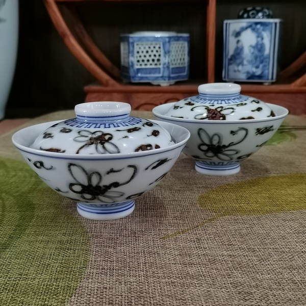 古玩陶瓷【青花釉下彩】晚清民國青花褐彩斗笠蓋茶盞一對拍賣,當前價格860元