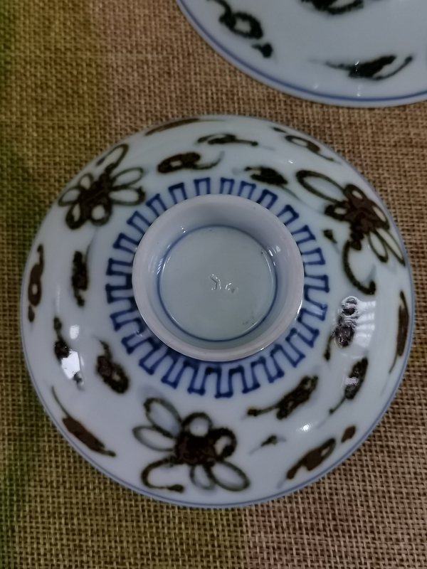 古玩陶瓷【青花釉下彩】晚清民國青花褐彩斗笠蓋茶盞一對拍賣,當前價格860元