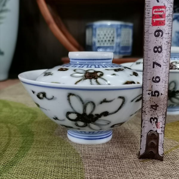 古玩陶瓷【青花釉下彩】晚清民國青花褐彩斗笠蓋茶盞一對拍賣,當前價格860元