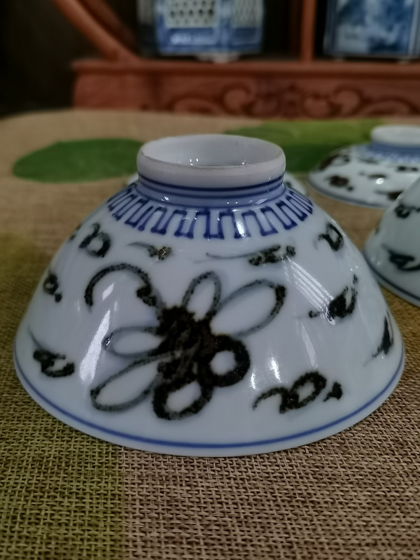 古玩陶瓷【青花釉下彩】晚清民國青花褐彩斗笠蓋茶盞一對拍賣,當前價格860元