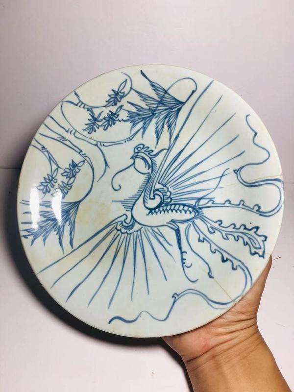 古玩陶瓷(已保真帶證書)雍正秀竹鳳紋青花盤拍賣,當前價格880元