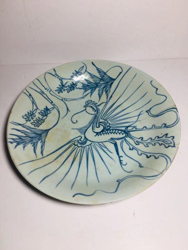 古玩陶瓷(已保真帶證書)雍正秀竹鳳紋青花盤拍賣,當前價格880元