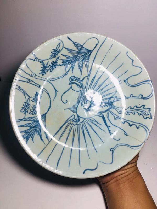 古玩陶瓷(已保真帶證書)雍正秀竹鳳紋青花盤拍賣,當前價格880元