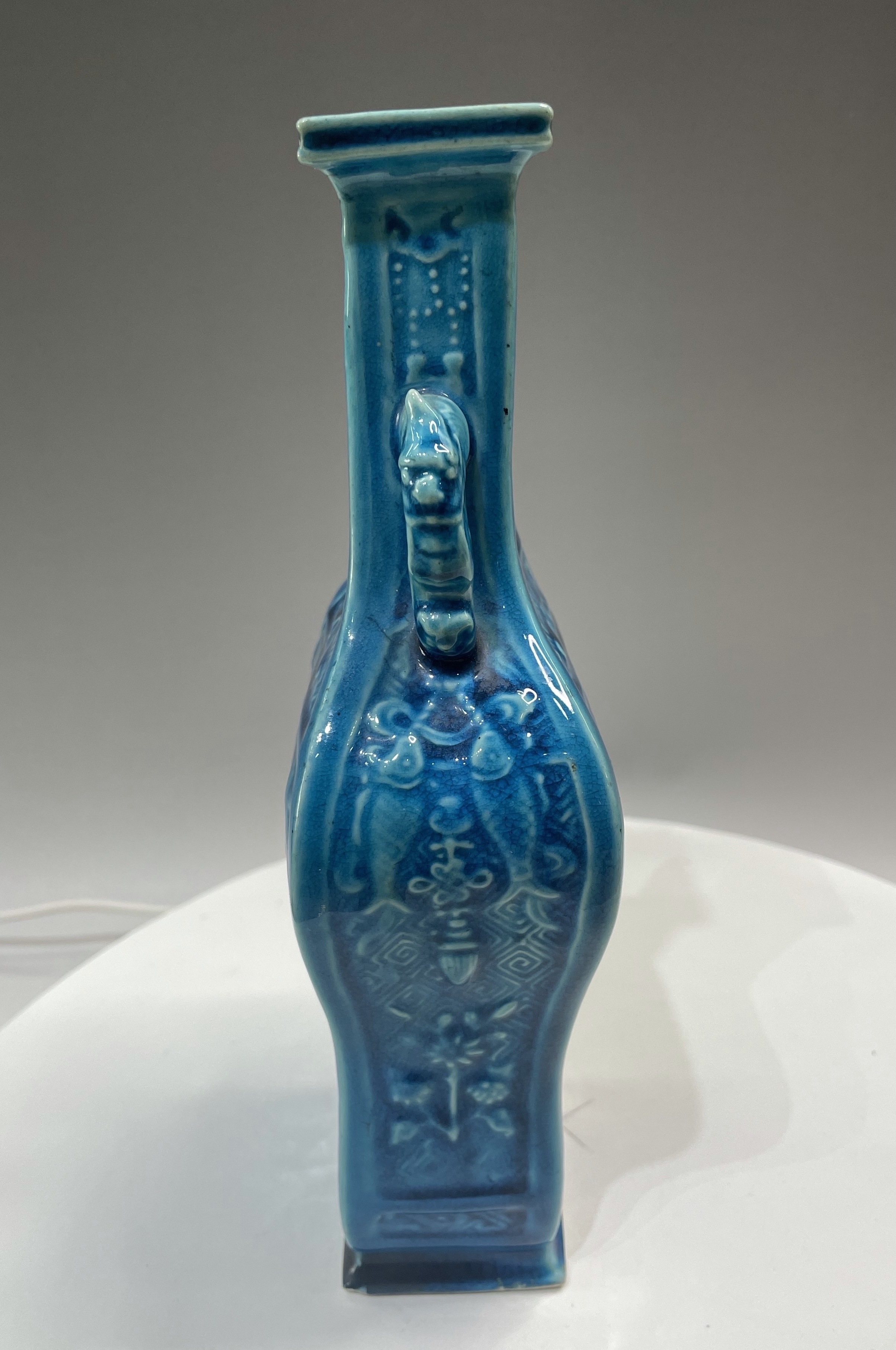 EC181 時代物 孔雀藍釉八卦紋琮式瓶 高11.7cm 重228g 清代・孔雀藍釉