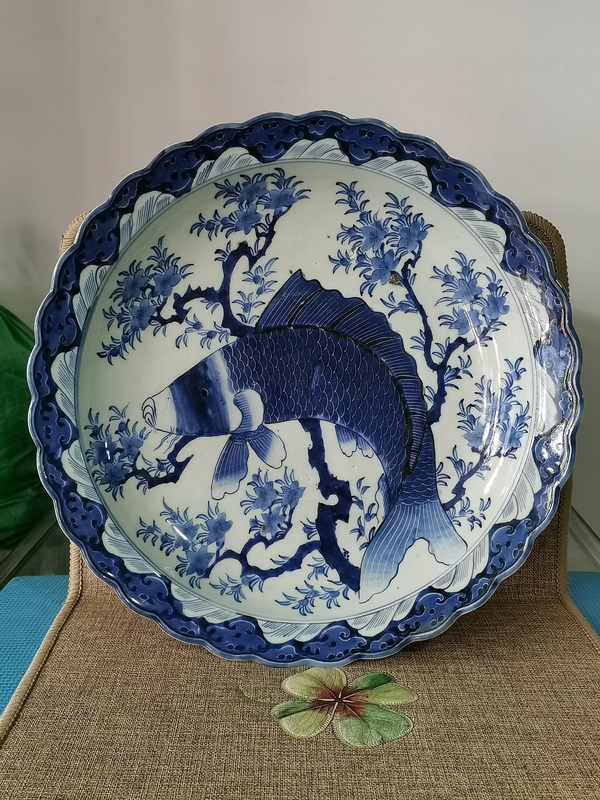 古玩陶瓷【放漏】晚清民國青花魚躍龍門大盤拍賣,當(dāng)前價(jià)格4660元