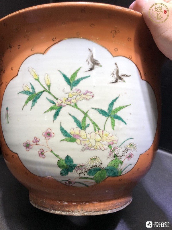 古玩陶瓷花鳥(niǎo)紋粉彩花盆真品鑒賞圖