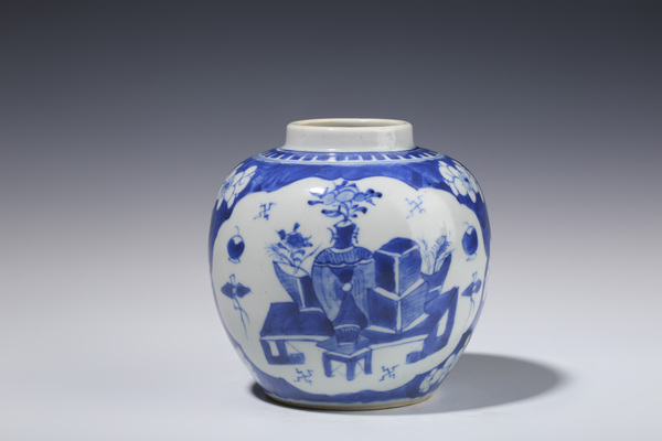古玩陶瓷清晚·青花冰梅開窗博古紋罐拍賣,當(dāng)前價格3298元
