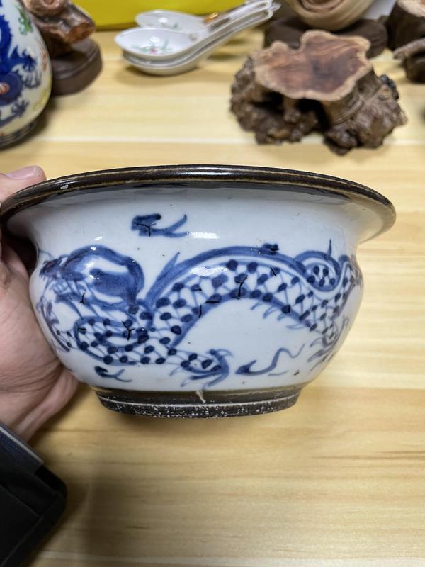 古玩陶瓷清道光 精品青花龍紋香爐（蘇州文物商店庫出）拍賣，當前價格1700元