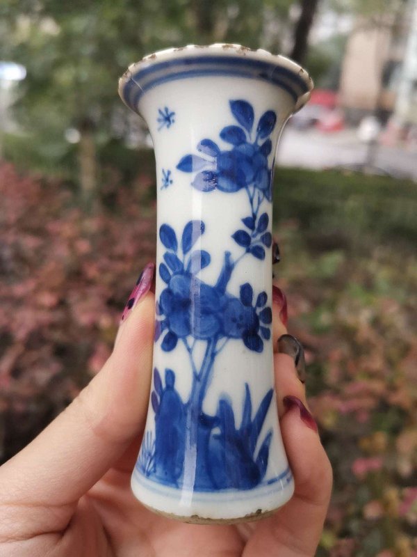 古玩陶瓷5400-01】清康熙??青花花卉圖小花觚一對拍賣,當前價格5500元