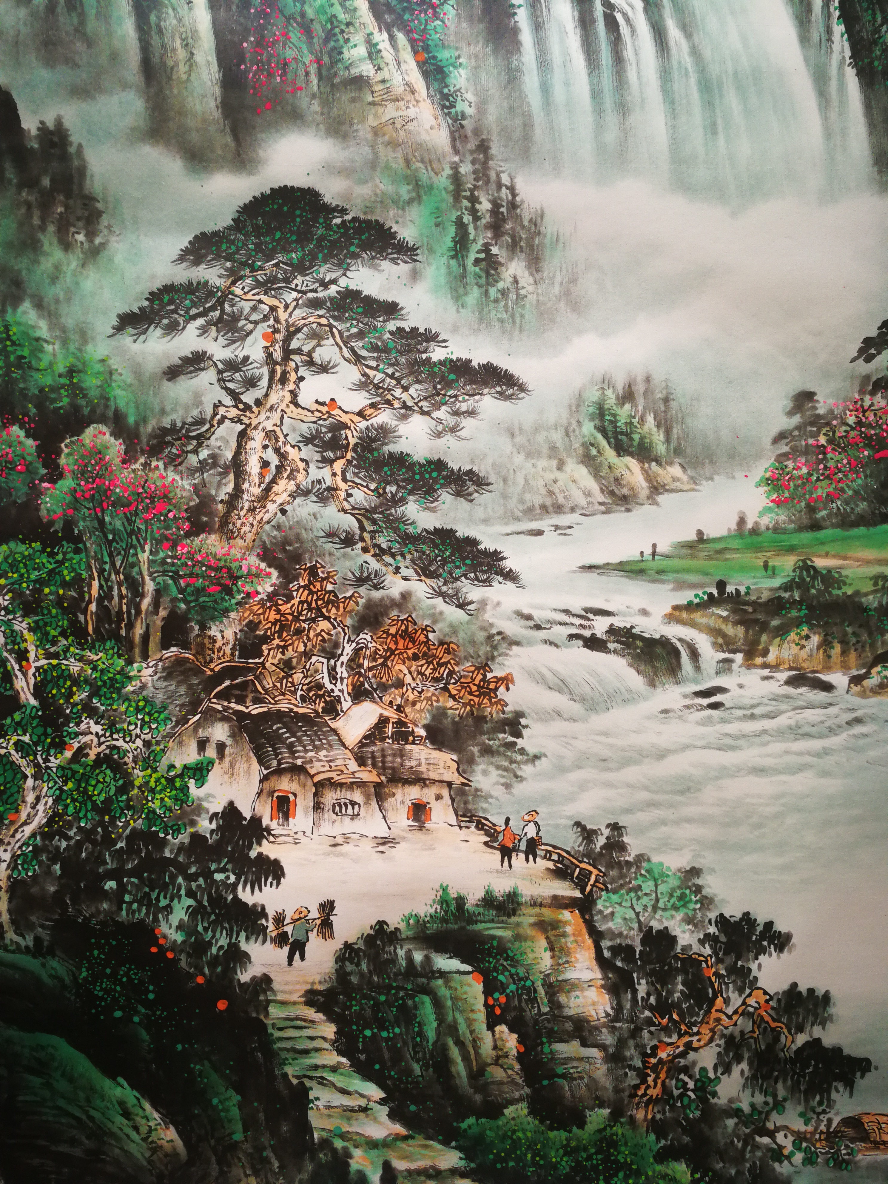 中国 古美術 古玩 在銘 沈錦禄 印有 五彩 色絵 花鳥山水 陶板 陶板画