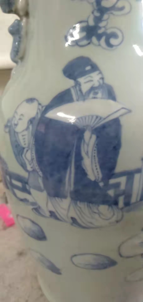 古玩陶瓷清中晚期青花堆白獅耳瓶,人物大瓶子,景德鎮窯口拍賣,當前價格6999元