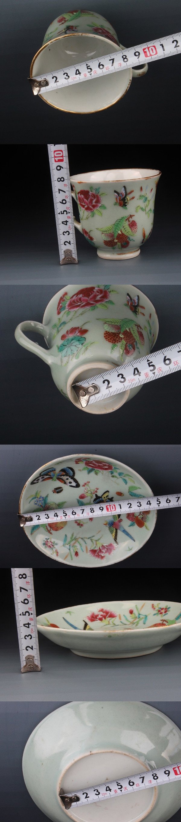 古玩陶瓷【5563-65】清中期 豆青釉粉彩花鳥蝴蝶圖把杯盤拍賣,當前價格3480元