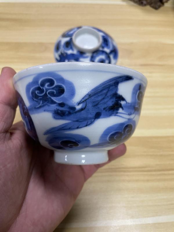 古玩陶瓷晚清民國 八卦鶴紋青花蓋碗拍賣,當前價格350元