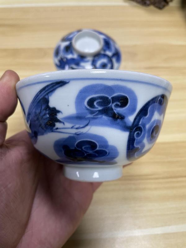 古玩陶瓷晚清民國 八卦鶴紋青花蓋碗拍賣,當前價格350元