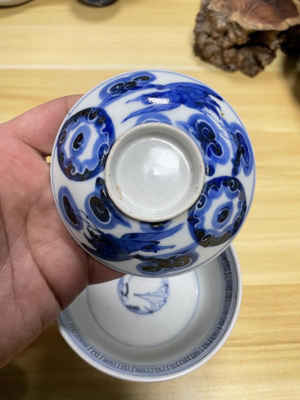 古玩陶瓷晚清民國 八卦鶴紋青花蓋碗拍賣,當前價格350元