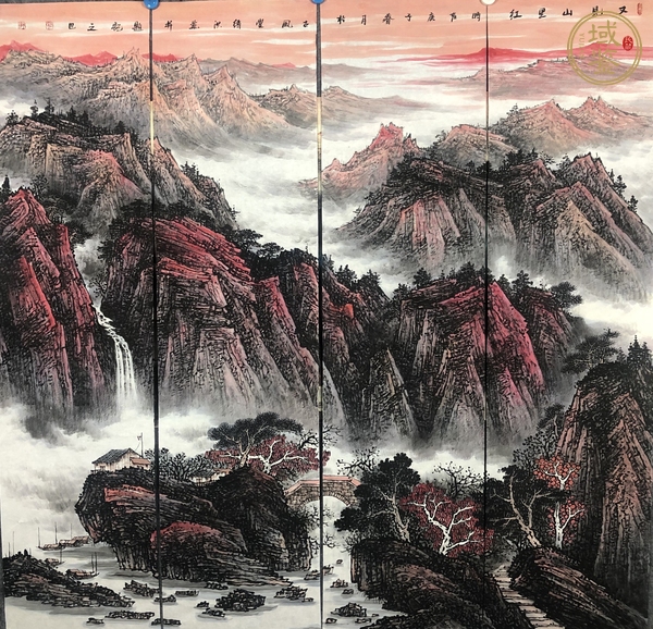 古玩字畫又見山紅通景四屏山水真品鑒賞圖