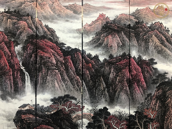 古玩字畫又見山紅通景四屏山水真品鑒賞圖