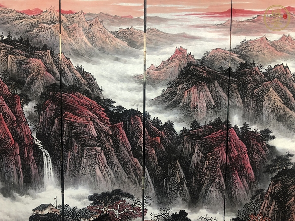 古玩字畫又見山紅通景四屏山水真品鑒賞圖