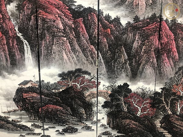 古玩字畫又見山紅通景四屏山水真品鑒賞圖