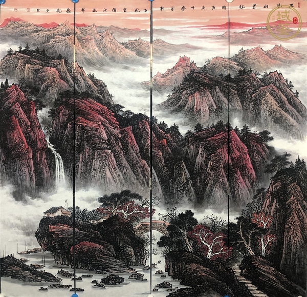 古玩字畫又見山紅通景四屏山水真品鑒賞圖