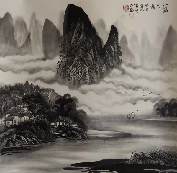 古玩字畫天津美術家協(xié)會會員李林榮江村疏雨圖拍賣，當前價格488元