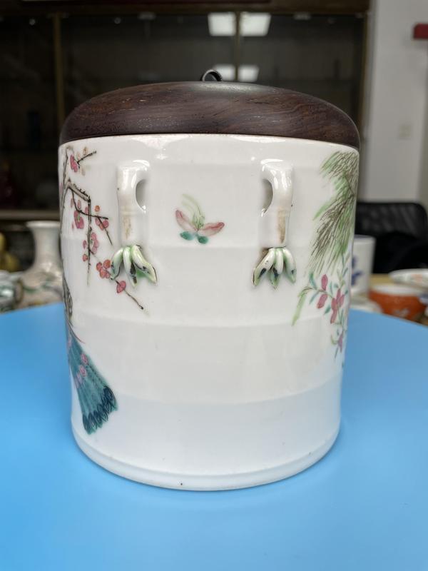 古玩陶瓷清道光 精品粉彩花鳥紋 竹節形大蓋缸拍賣,當前價格2600元