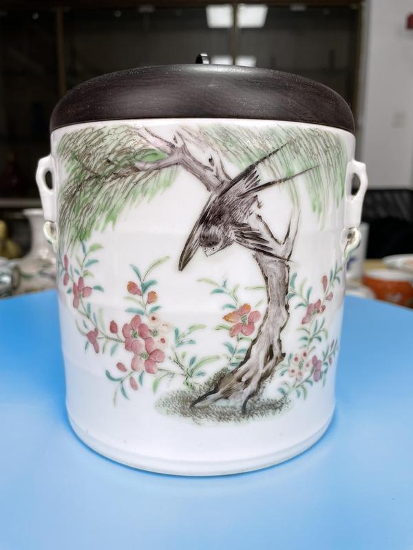 古玩陶瓷清道光 精品粉彩花鳥紋 竹節形大蓋缸拍賣,當前價格2600元